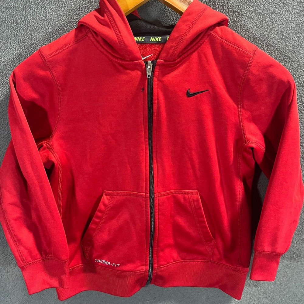 Nike Therma-FIT Red Full Zip Hoodie Kids Size 7 Fleece Lined Sweatshirt